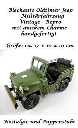 Nostalgie Deko Blech Auto Milit�r Jeep gr�n  Antik Look Vintage, Nr. 726 - Bild vergr��ern 