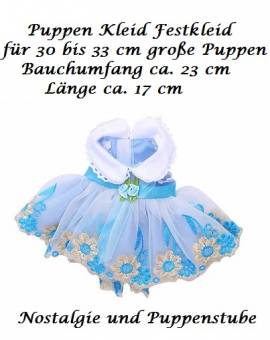 Puppen Kleid Festkleid blau mit Stickerei fr kleine Puppen von 30 - 33 cm, Nr.  320 - Bild vergrern 