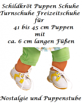 Puppen Schuhe Freizeitschuhe Turnschuhe Sportschuhe wei - gelb 6 cm Sohlenlnge Schildkrt, 45181  - Bild vergrern 