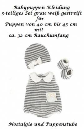 Puppen Kleidung fr Babypuppen Body grau gestreift mit Mtze und Socken , Nr. 263 - Bild vergrern 