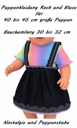 Puppen Kleidung JeansTrgerrock mit bunter Bluse fr 40 bis 45 cm Puppen, Nr.283 - Bild vergrern 