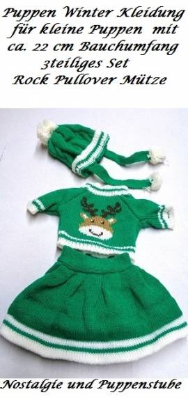 Puppen Winter Kleidung Rock Pullover Rentiermuster M�tze gr�n f�r kleine Puppen, Nr. 399 - Bild vergr��ern 