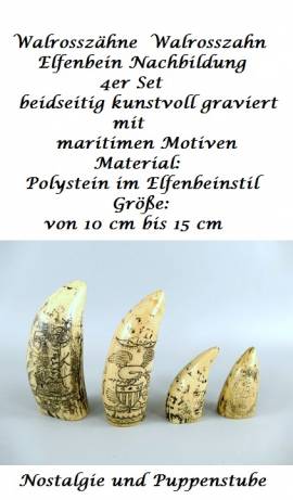 Walrossz�hne 4er Set Elfenbein Nachbildung beidseitig graviert, Nr. 1850 - Bild vergr��ern 