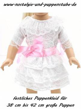 Puppen Kleid weiss aus Satin und Spitze fr 38 bis 42 cm groe Puppen, Nr. 222 a - Bild vergrern 